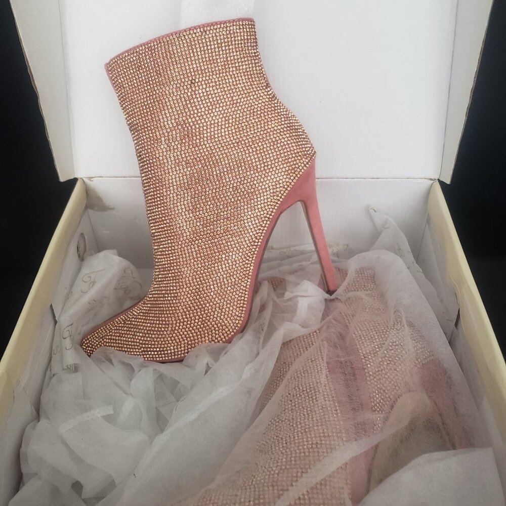 Rose gold rhinestone bootie heels